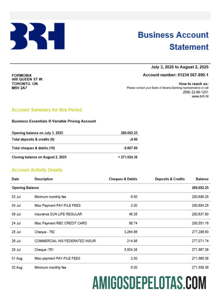 Em branco Haiti BRH Extrato de conta firme modelo Word e PDF